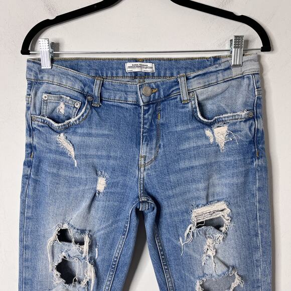Zara Woman Jeans Womens 2 Straight Distressed Ripped Light Wash Low Rise Stretch - Picture 3 of 9